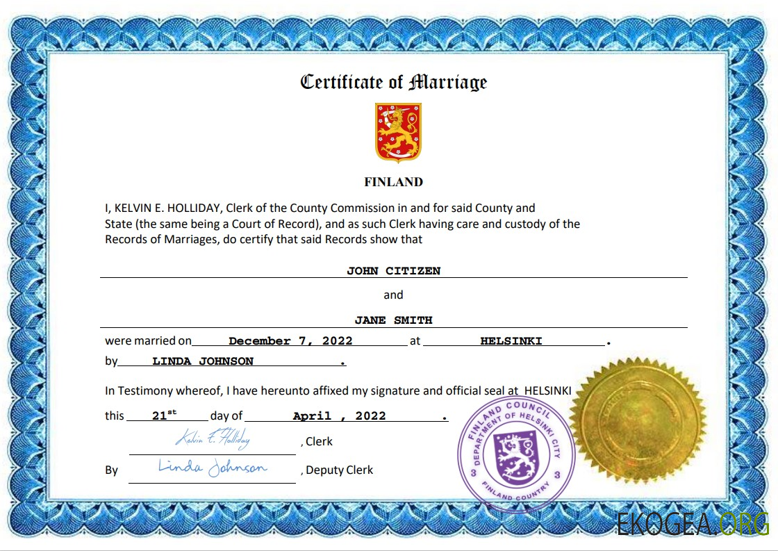 Modèle Word et PDF de certificat de mariage finlandais